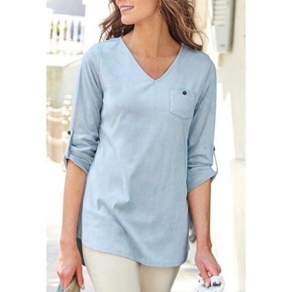 Soft Surroundings Sz S Blue Faux Suede Leather Tunic Top Blouse V Neck Roll Tab - Picture 1 of 9